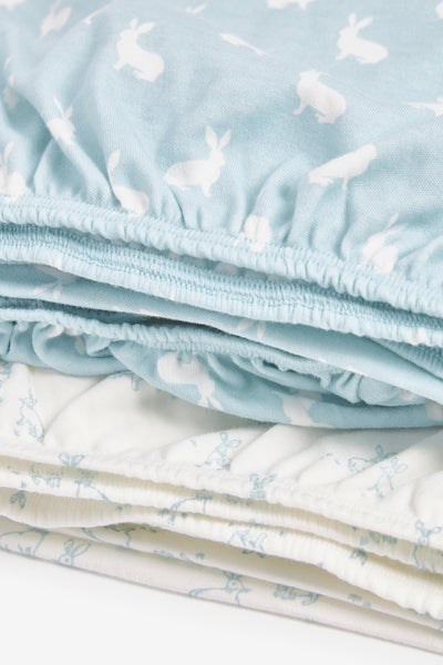 2pk Fitted Jersey Cot Sheet, blue woodland and Sky blue hare print