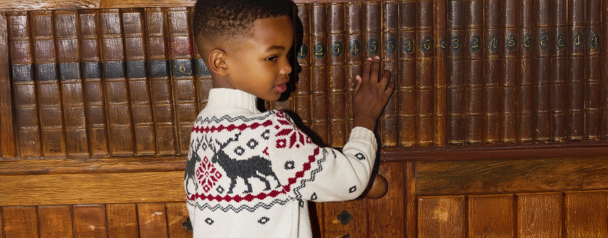 Photo of boy in jumper with a bookcase