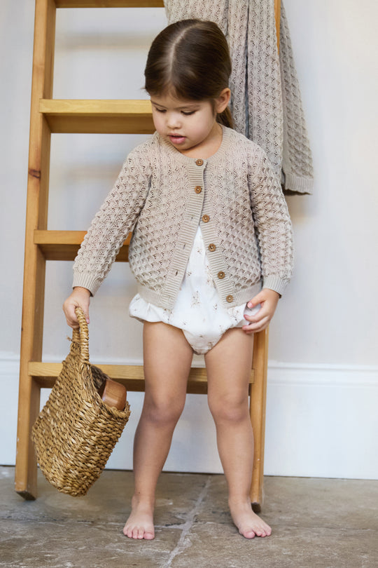 100% Cotton Scallop Design Pointelle Baby Cardigan Fawn