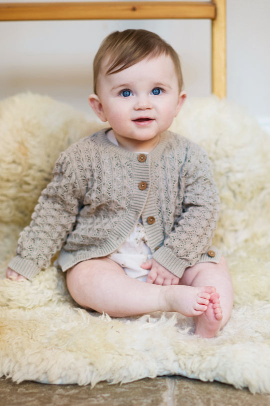 100% Cotton Scallop Design Pointelle Baby Cardigan Fawn