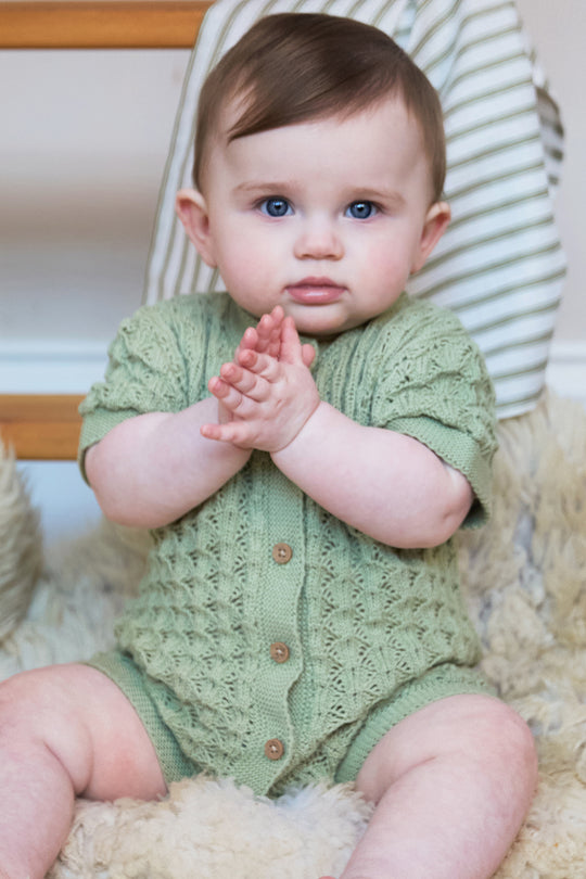 100% Cotton Scallop Design Pointelle Baby Romper Sage