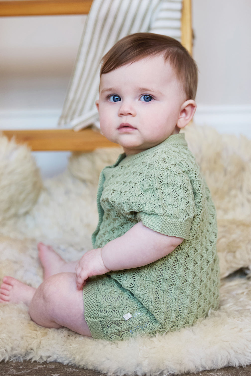 Knitted Baby Boy Sage Baby Romper The Little Tailor Baby Cable