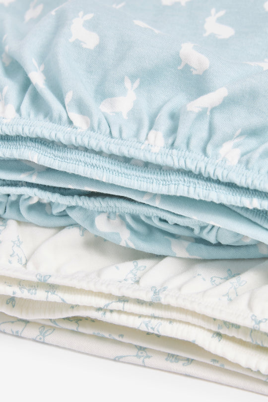 2pk Fitted Jersey Cot Sheet, blue woodland and Sky blue hare print