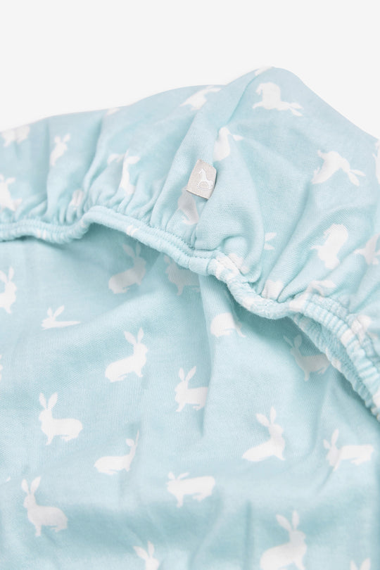 2pk Fitted Jersey Cot Sheet, blue woodland and Sky blue hare print