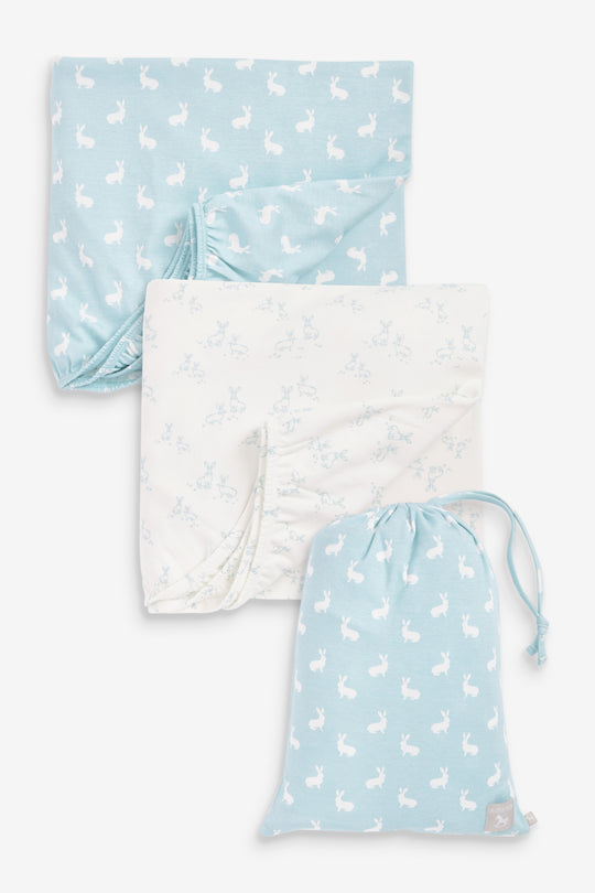 2pk Fitted Jersey Cot Sheet, blue woodland and Sky blue hare print