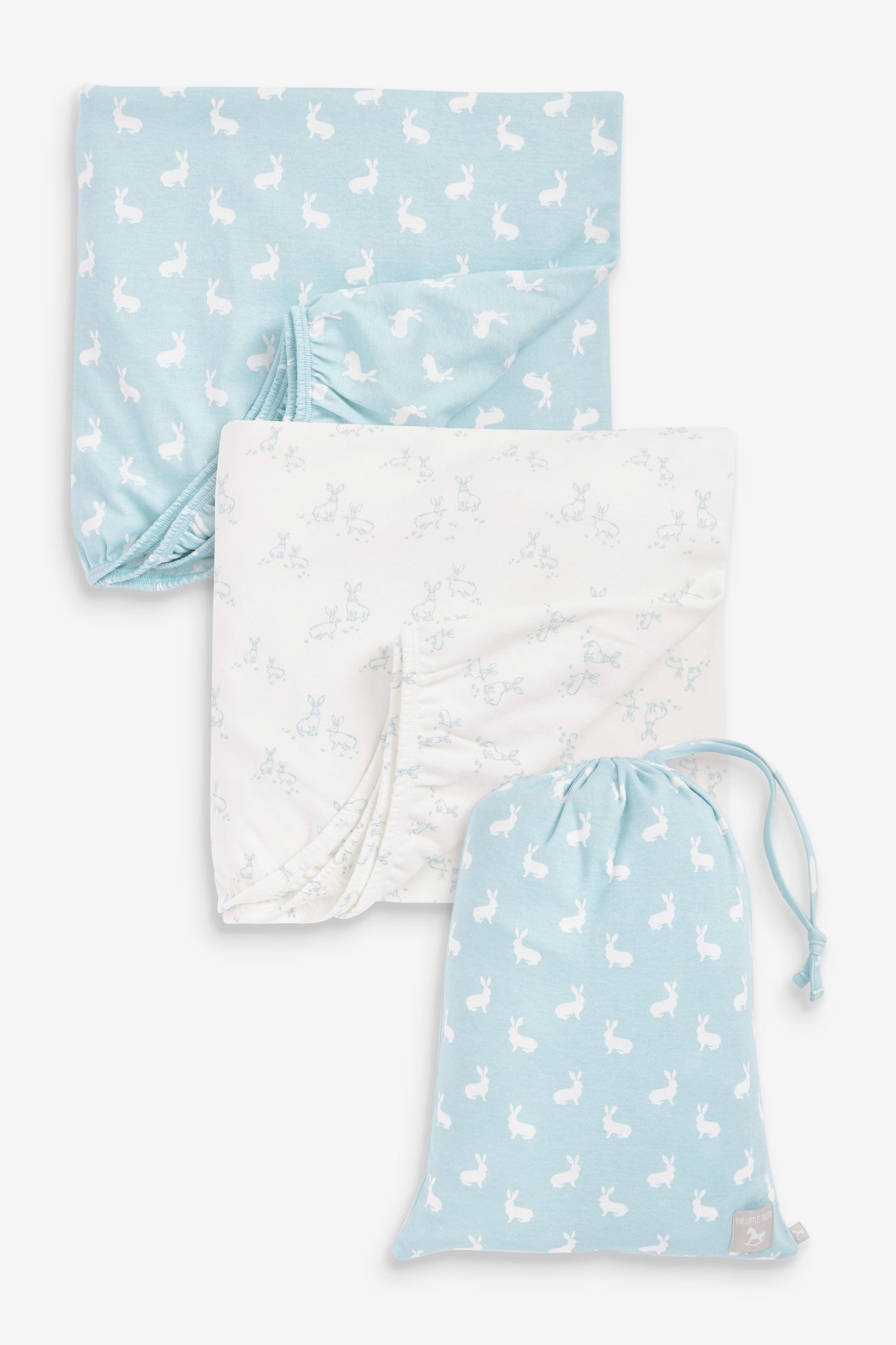 2pk Fitted Jersey Cot Sheet, blue woodland and Sky blue hare print