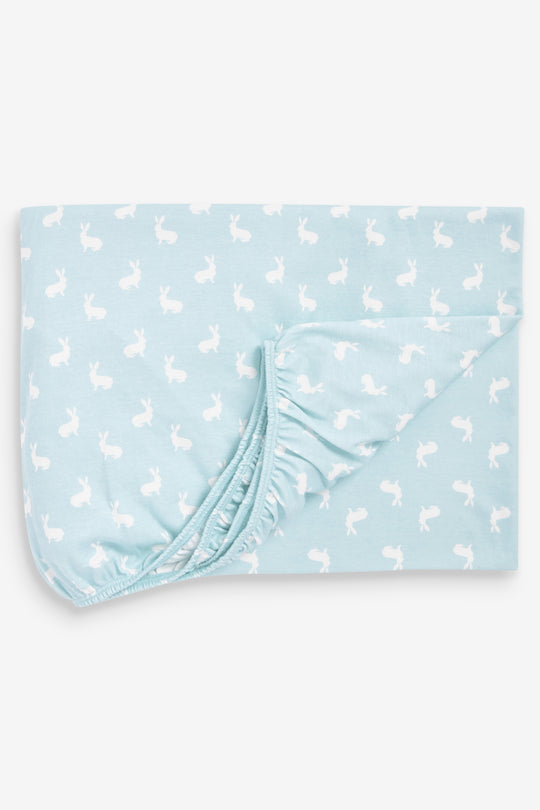 2pk Fitted Jersey Cot Sheet, blue woodland and Sky blue hare print