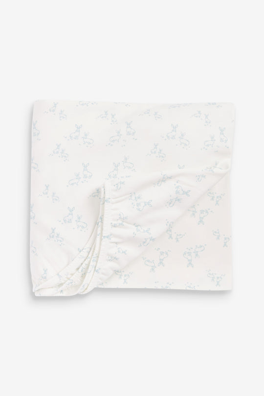 2pk Fitted Jersey Cot Sheet, blue woodland and Sky blue hare print
