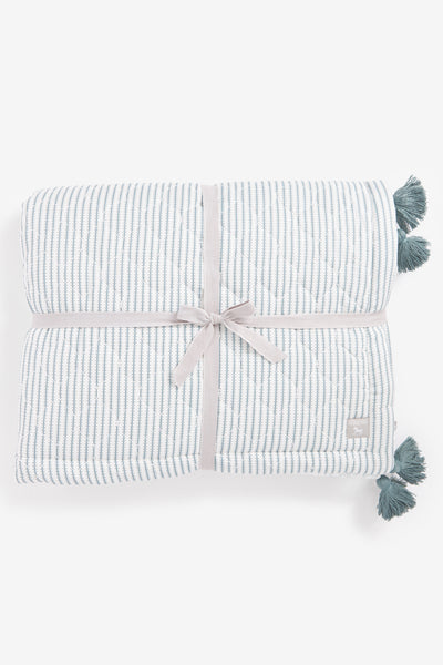 Padded Quilt, sky blue woodland and ticking stripe print