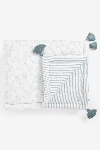 Padded Quilt, sky blue woodland and ticking stripe print