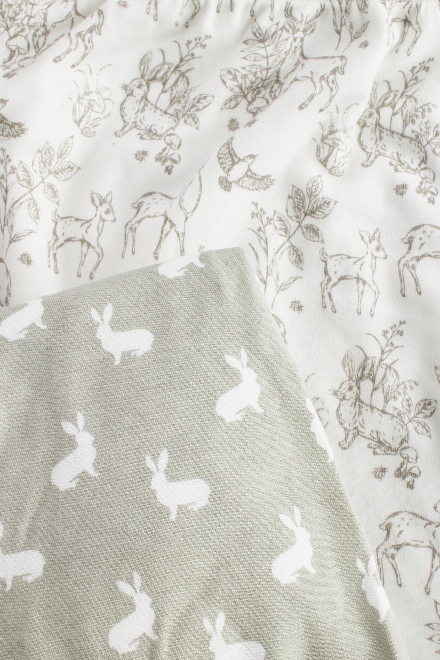 2pk Fitted Jersey Cot Sheet, white woodland andFawn hare print
