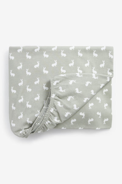 2pk Fitted Jersey Cot Sheet, white woodland andFawn hare print