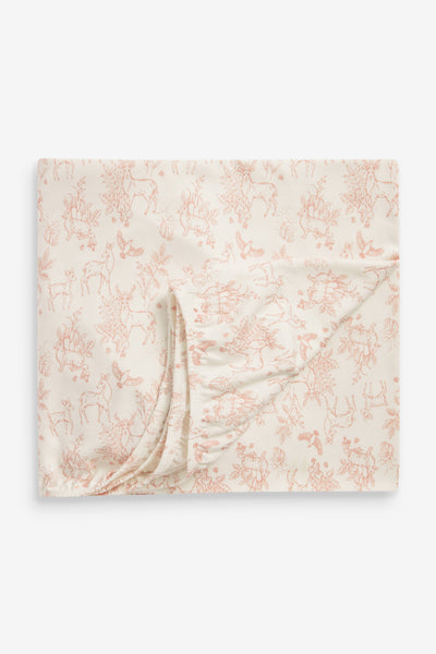 2pk Fitted Jersey Cot Sheet, rose pink woodland and rose pink hare print