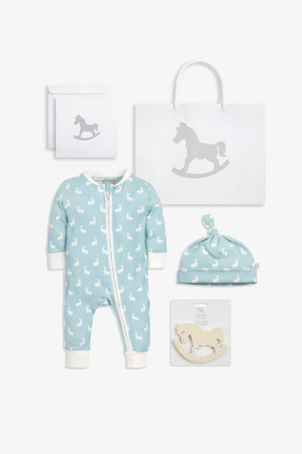 Baby Playtime Gift set - Blue and White 3 Pc Sleepsuit, hat and teether