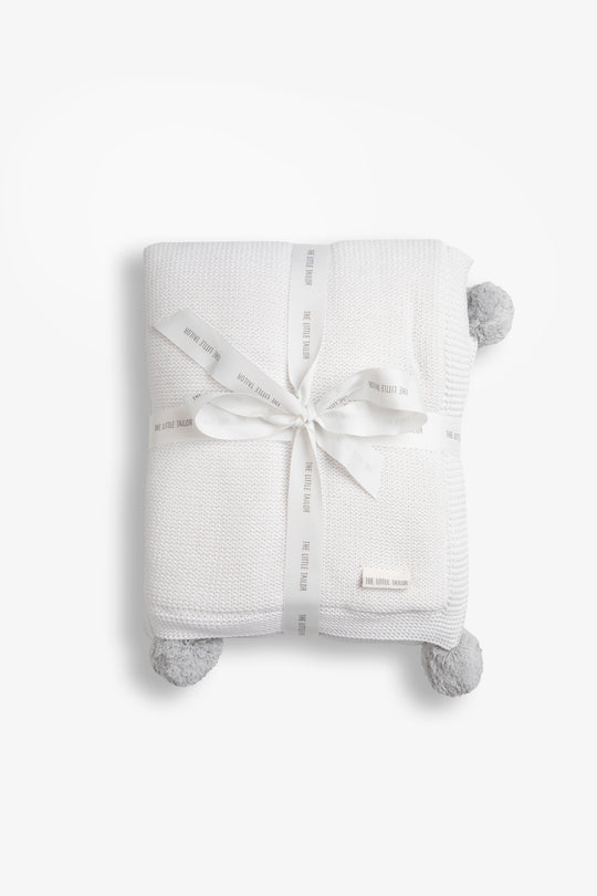 White/Grey Pom Pom Plush Blanket