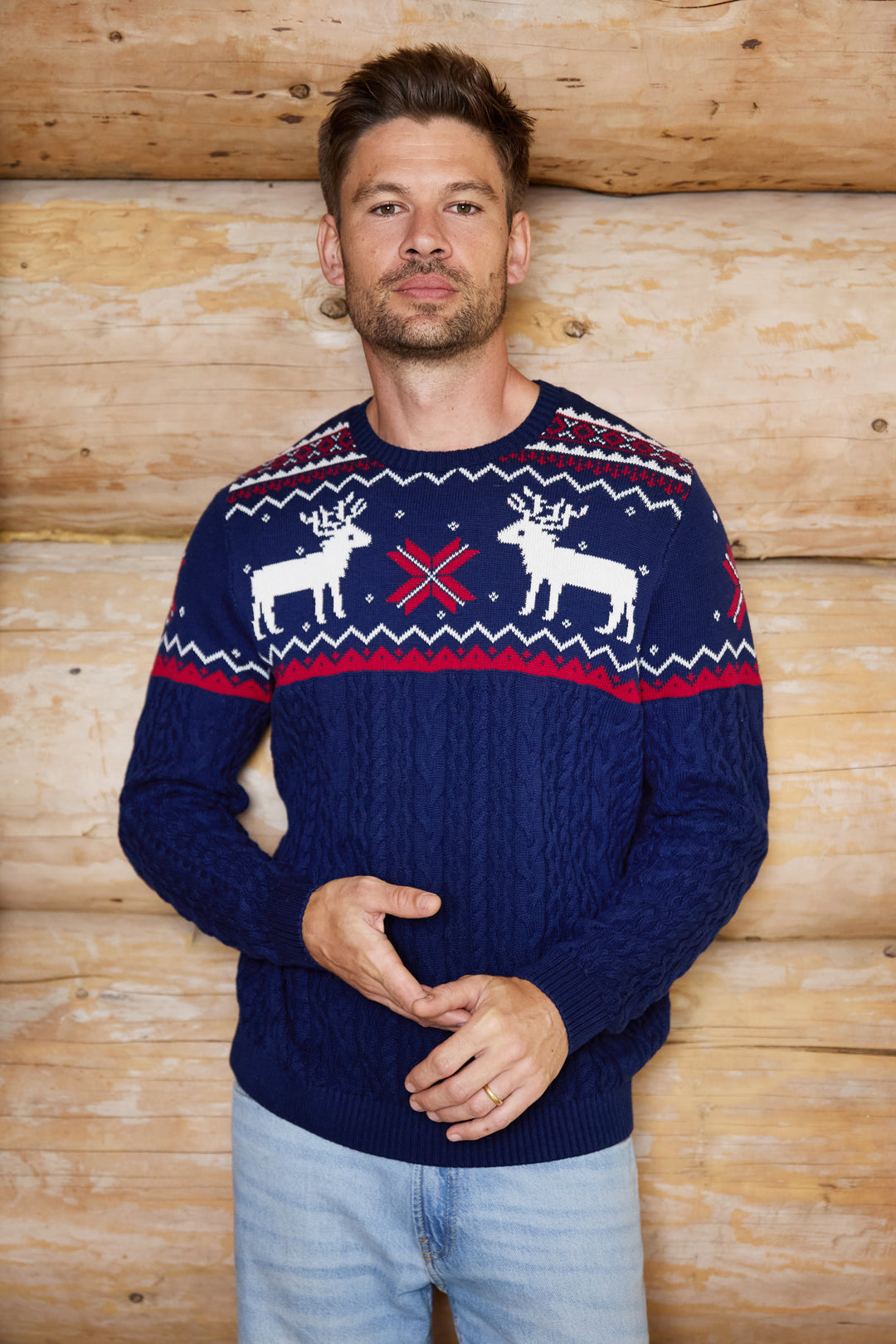 Mens Cable Knit Reindeer Jumper