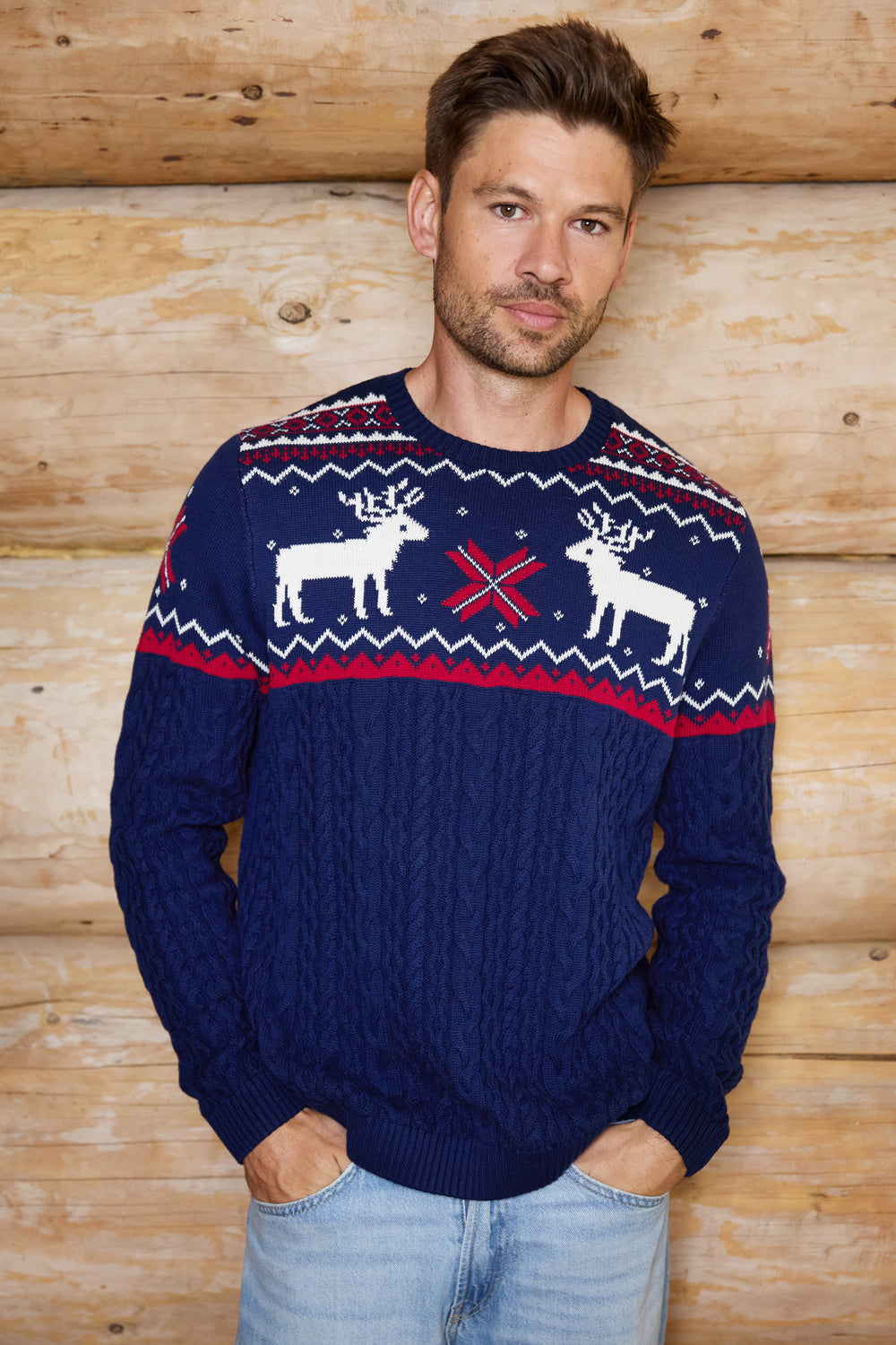 Mens Cable Knit Reindeer Jumper