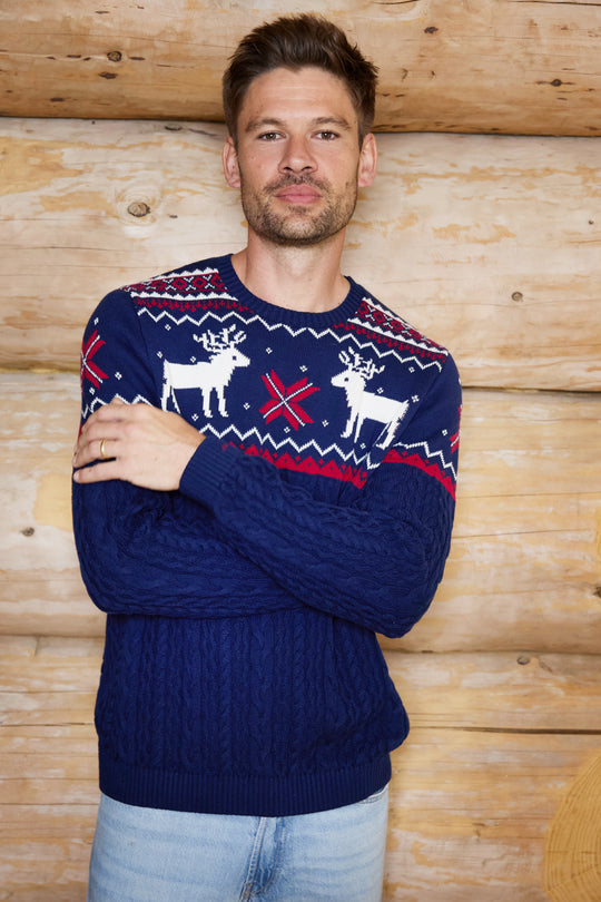 Mens Cable Knit Reindeer Jumper