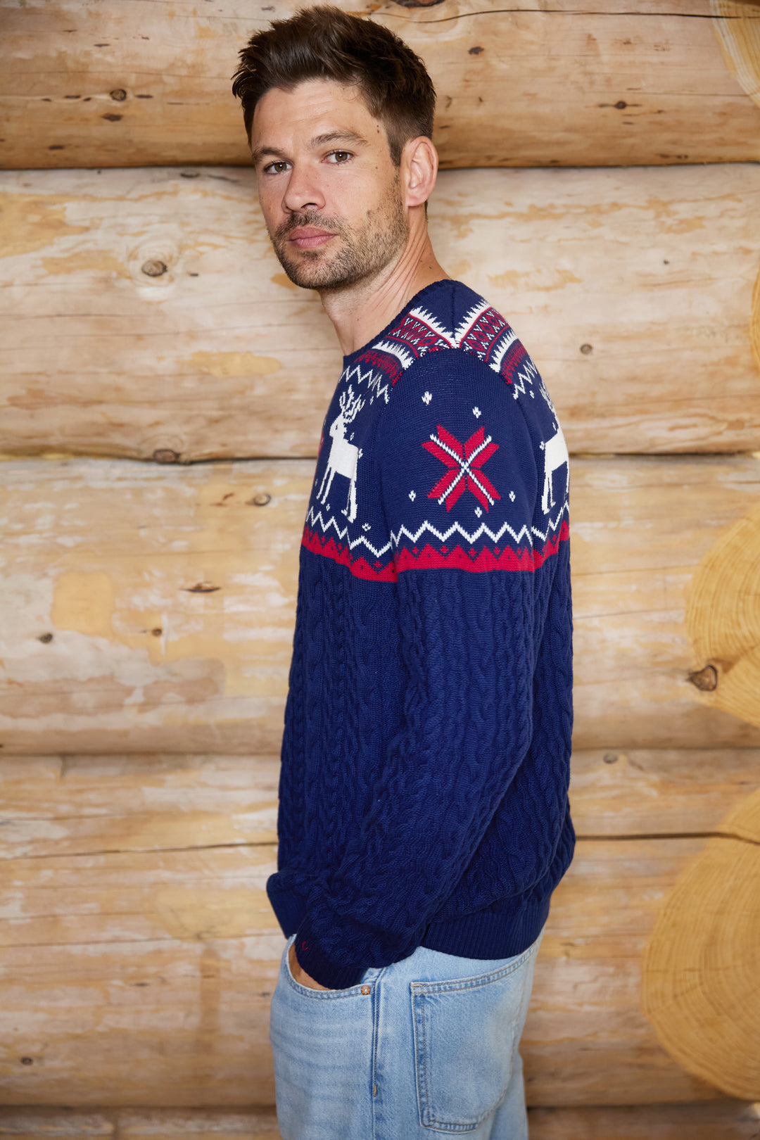 Mens Cable Knit Reindeer Jumper