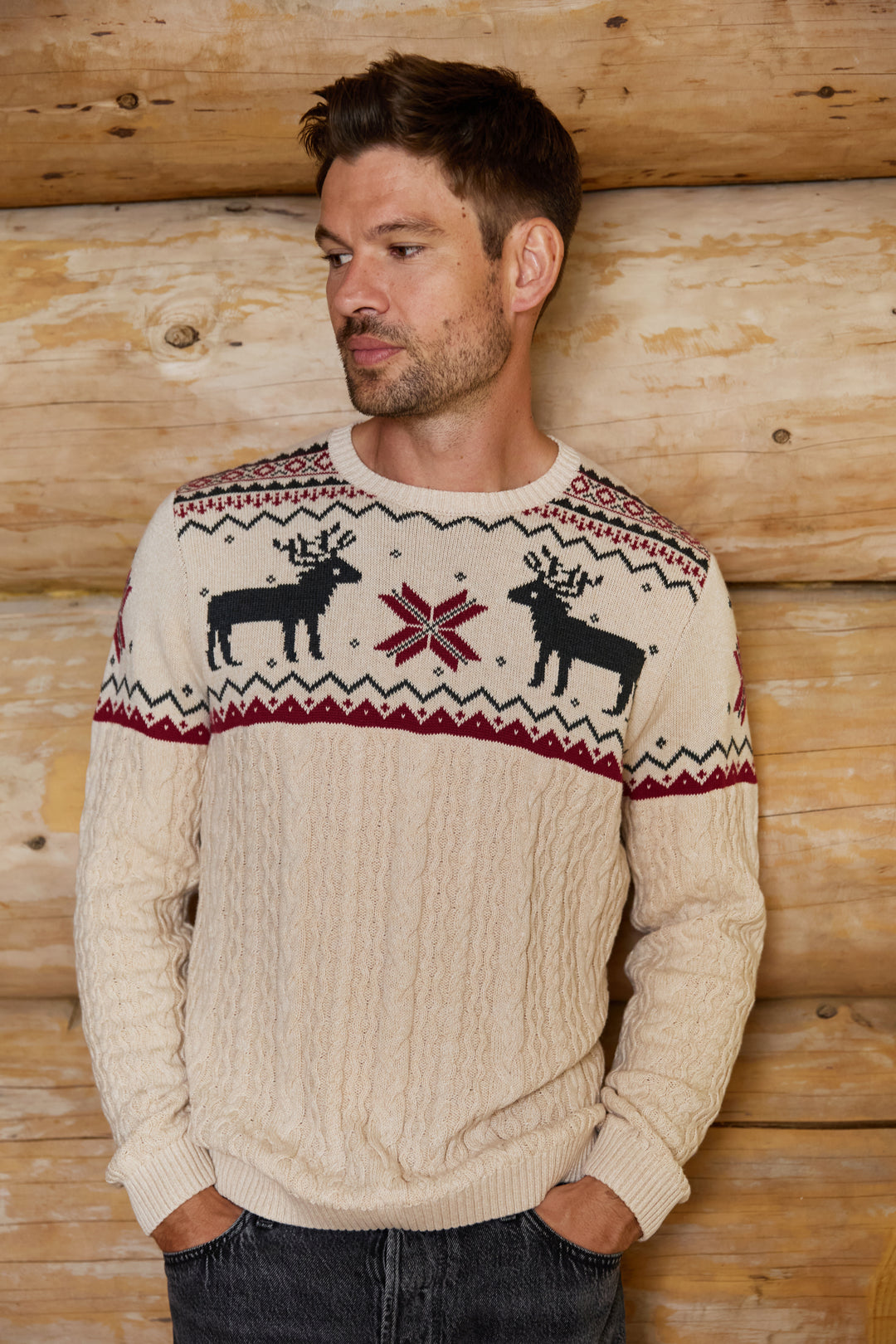 Mens Cable Knit Reindeer Jumper