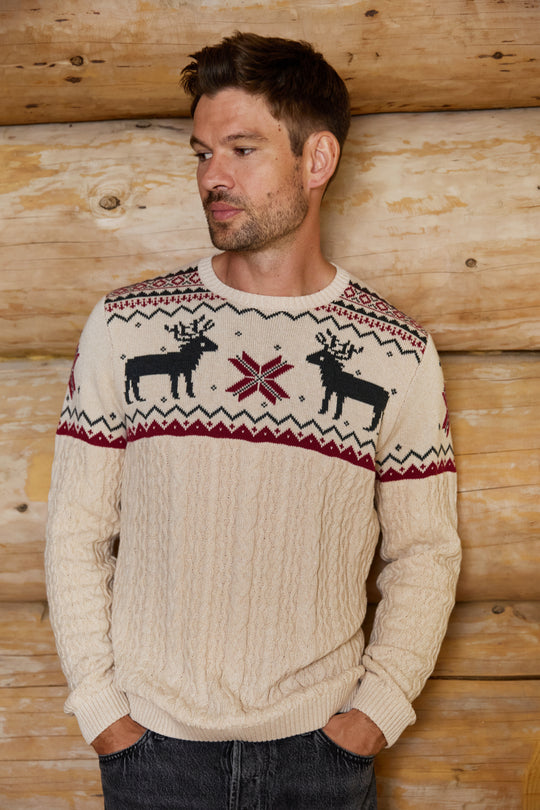 Mens Cable Knit Reindeer Jumper