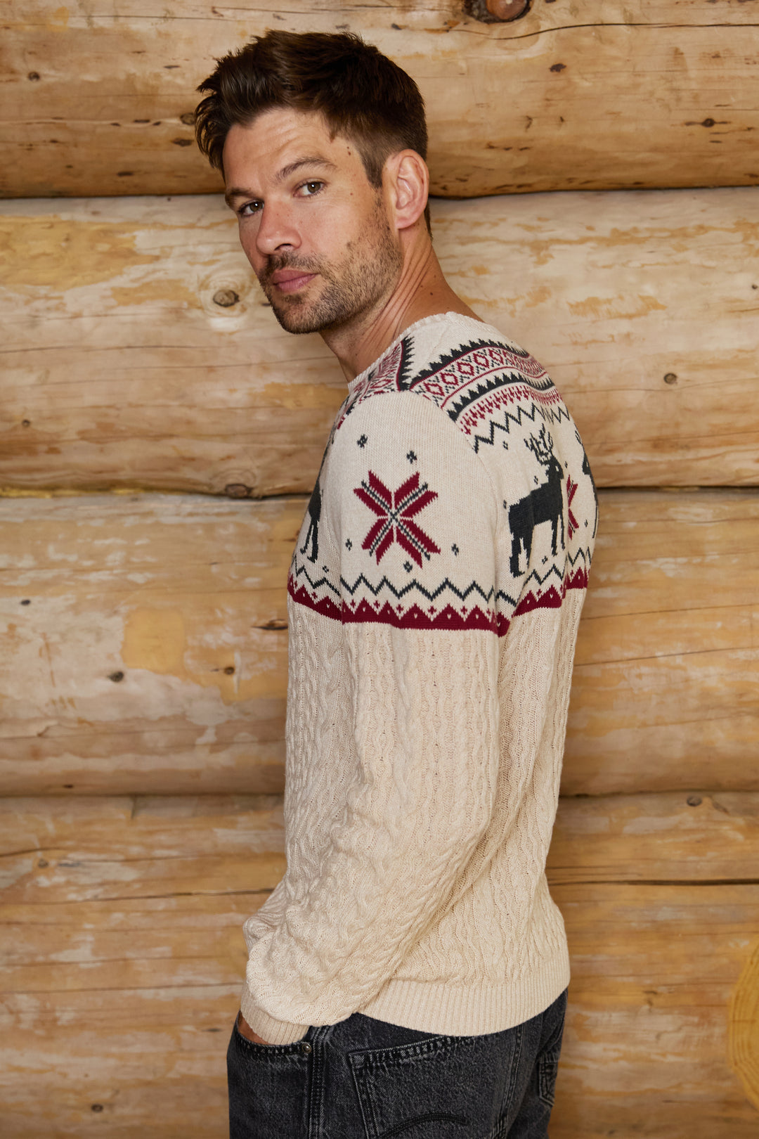 Mens Cable Knit Reindeer Jumper