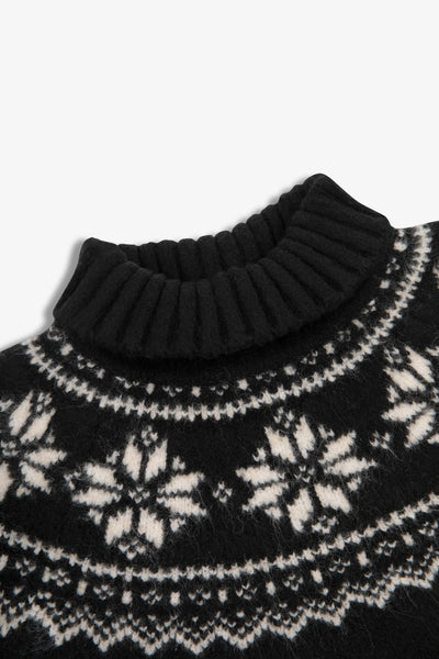 Kids Fairisle Snowflake Funnel Neck Chunky Jumper Black