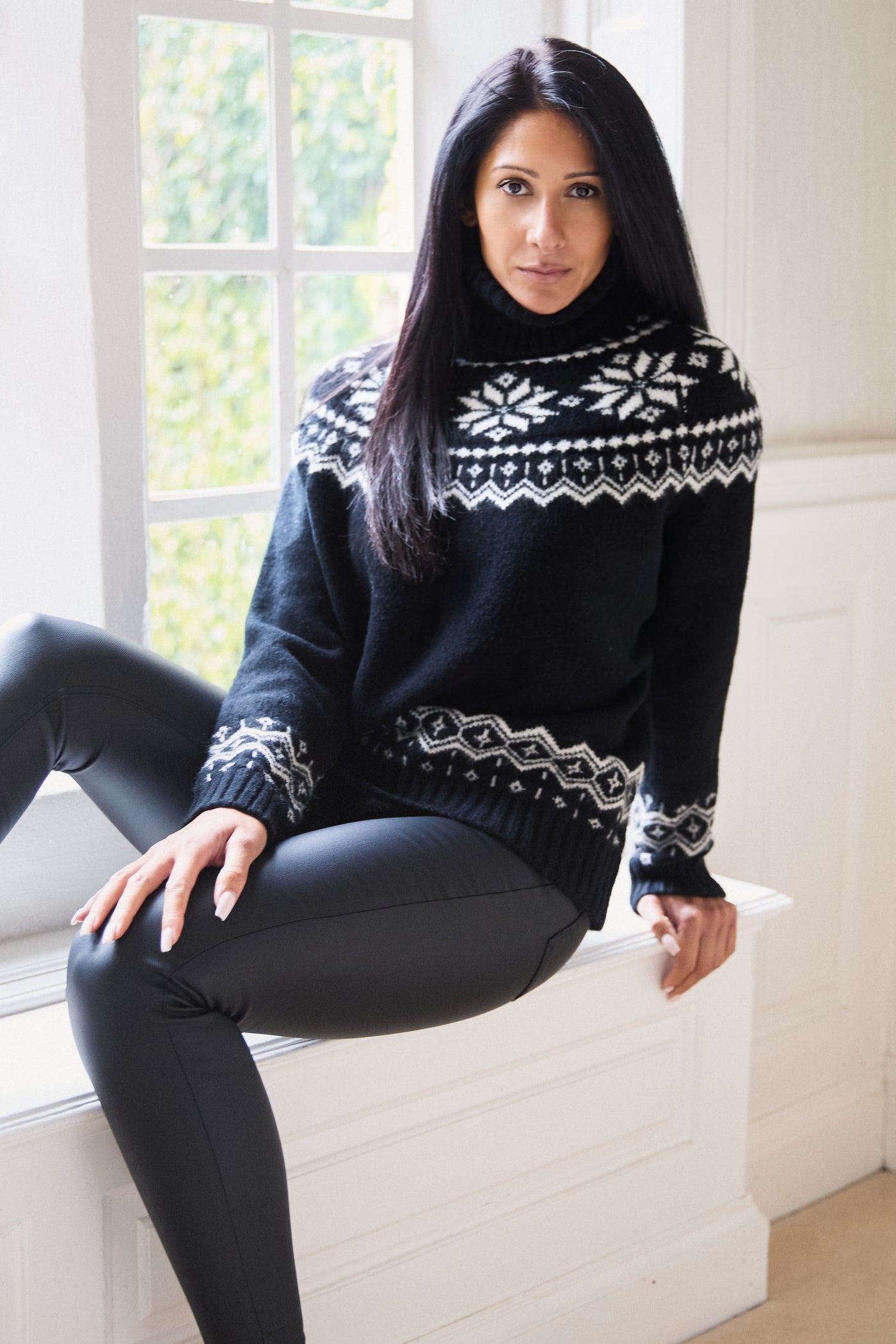 Ladies Black Snowflake Funnel Chunky Jumper