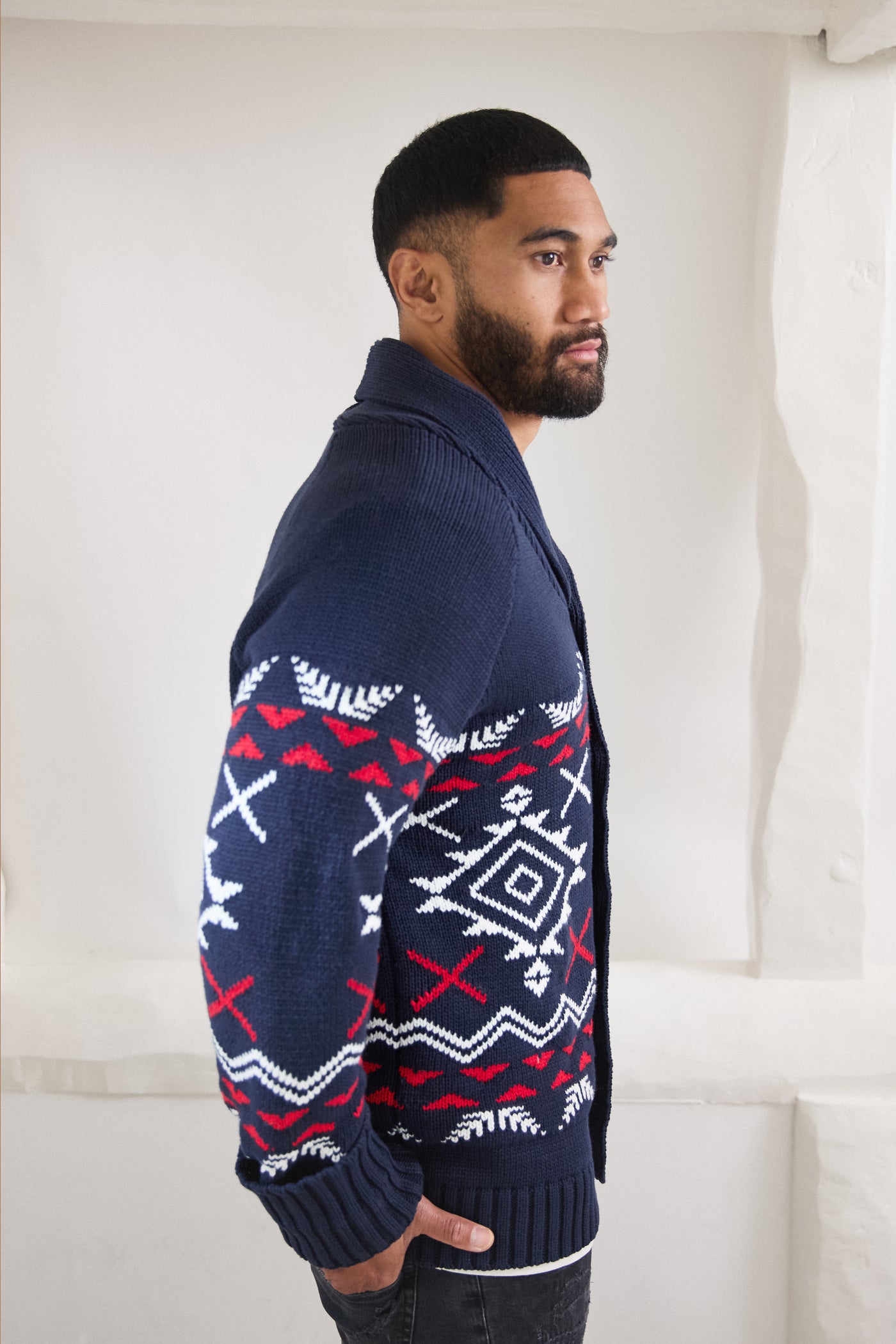 Aztec Mens Navy Fairisle Chunky Cardigan