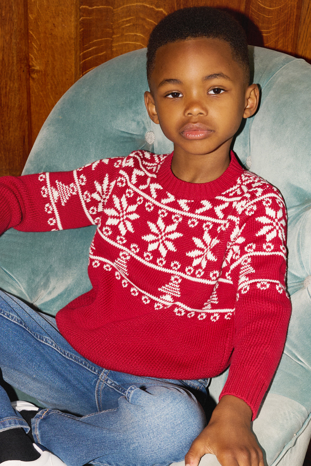 Red/ Cream Half Fairisle Jumper Kids - Cotton