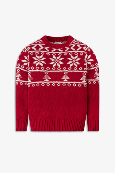 Red/ Cream Half Fairisle Jumper Kids - Cotton
