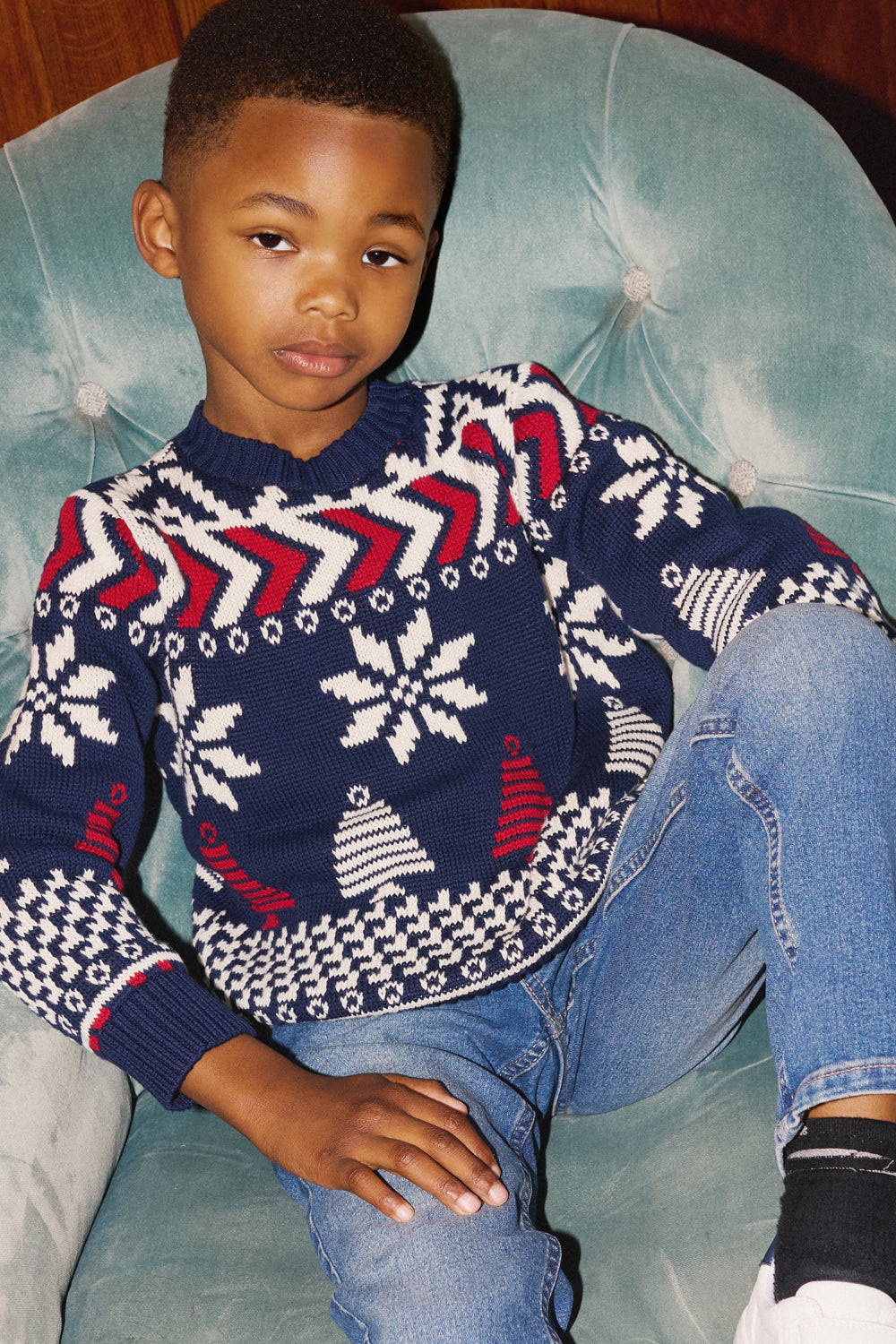 Navy/ Red Multi Coloured Fairisle Jumper Kids - Cotton
