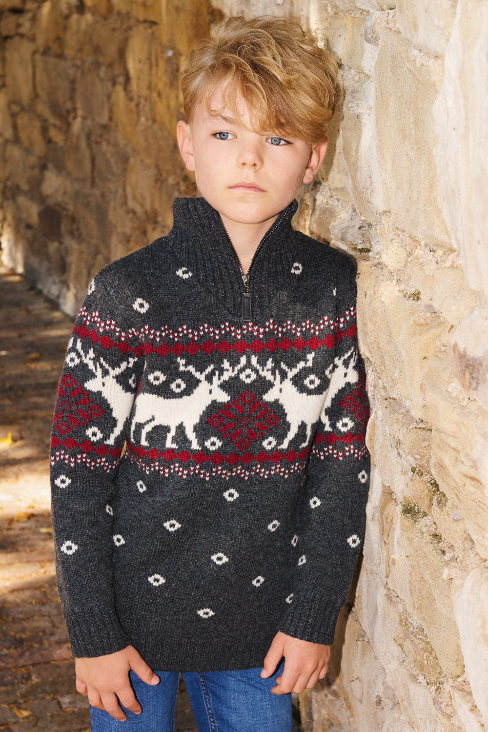 Charcoal Zip Neck Snowflake Reindeer Jumper Kids