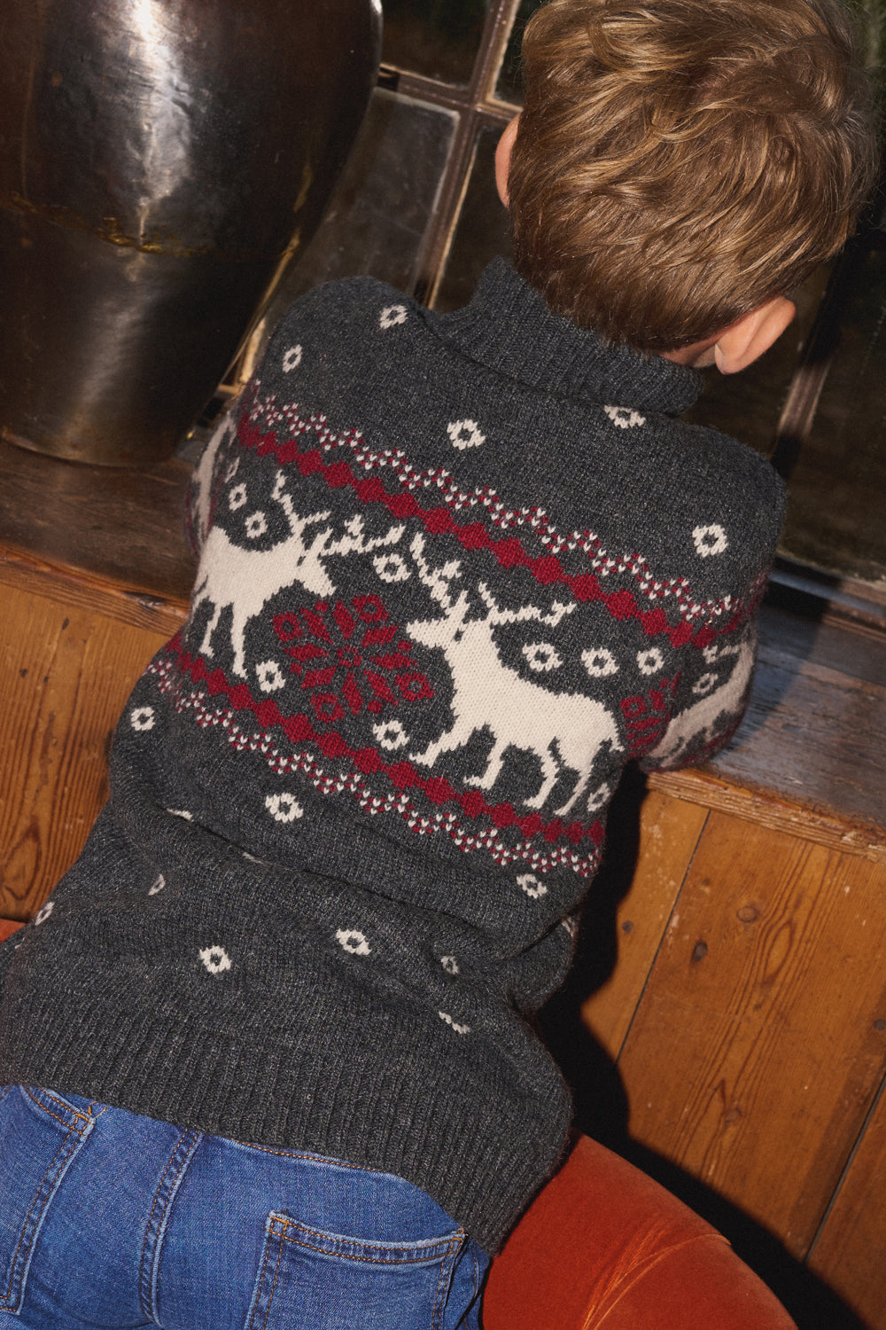 Charcoal Zip Neck Snowflake Reindeer Jumper Kids