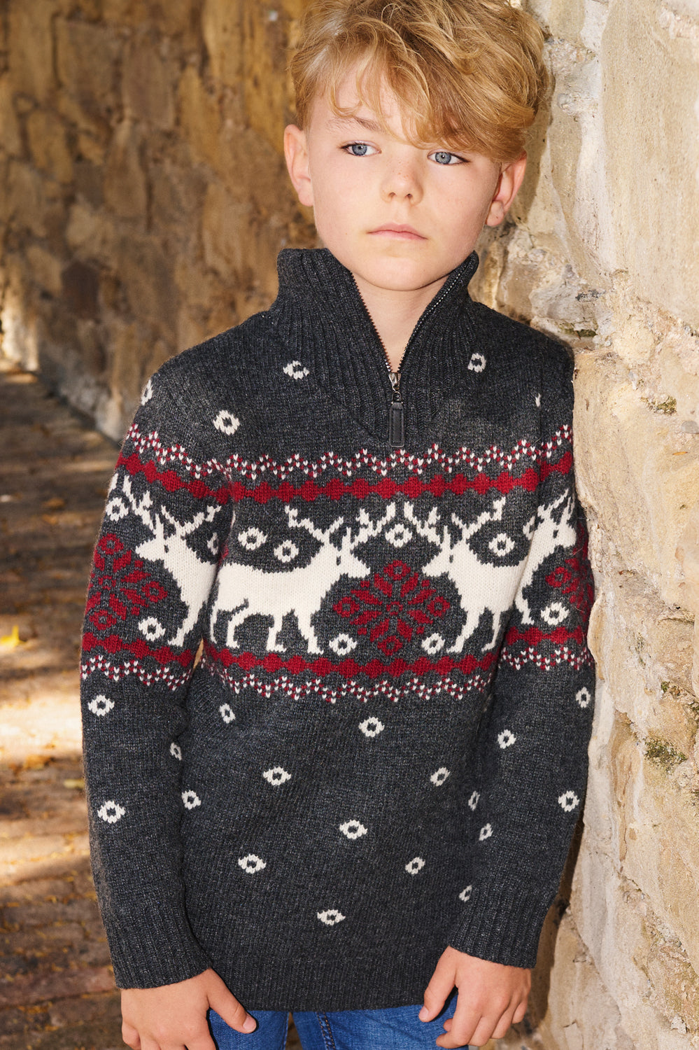 Charcoal Zip Neck Snowflake Reindeer Jumper Kids