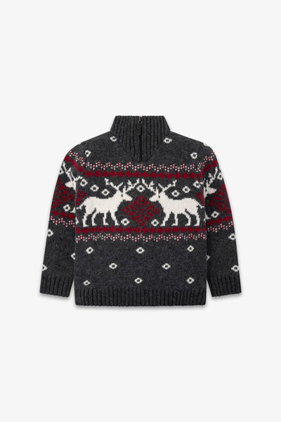 Charcoal Zip Neck Snowflake Reindeer Jumper Kids