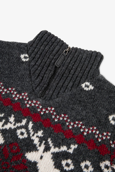 Charcoal Zip Neck Snowflake Reindeer Jumper Kids