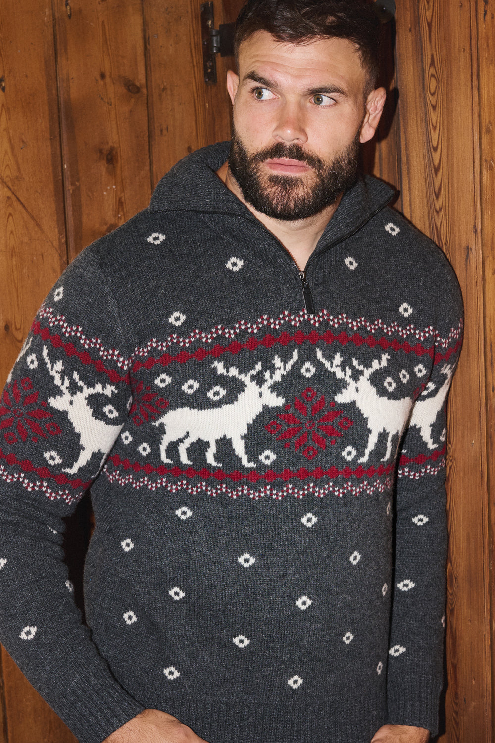 Charcoal Zip Neck Snowflake Reindeer Jumper Mens