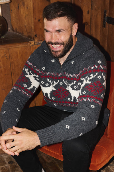 Charcoal Zip Neck Snowflake Reindeer Jumper Mens