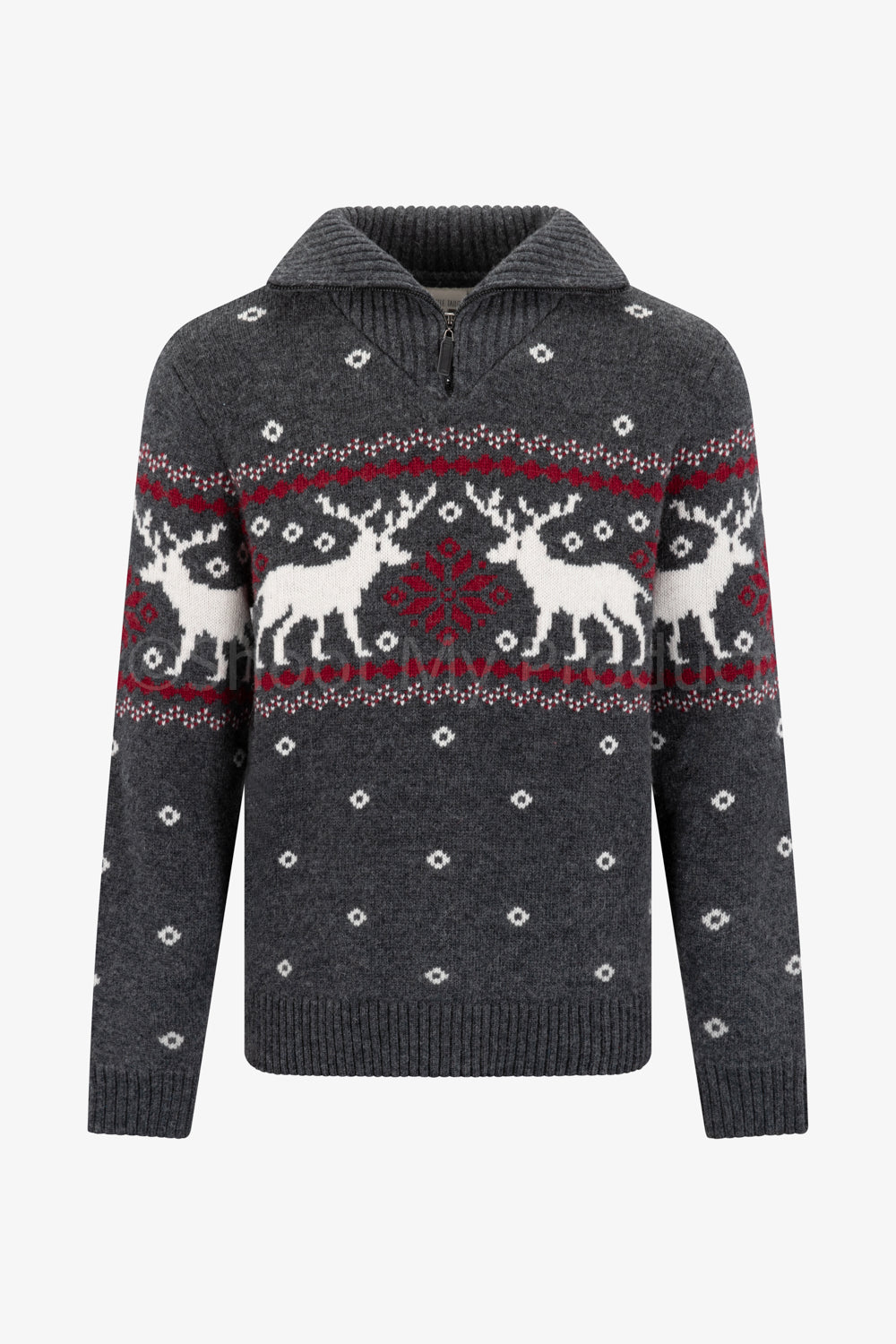 Charcoal Zip Neck Snowflake Reindeer Jumper Mens