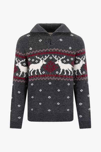 Charcoal Zip Neck Snowflake Reindeer Jumper Mens