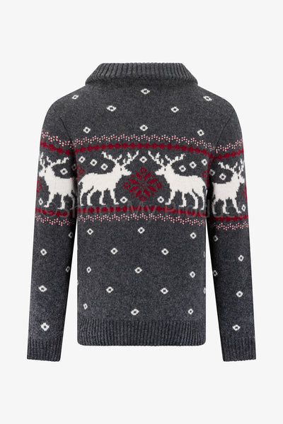 Charcoal Zip Neck Snowflake Reindeer Jumper Mens