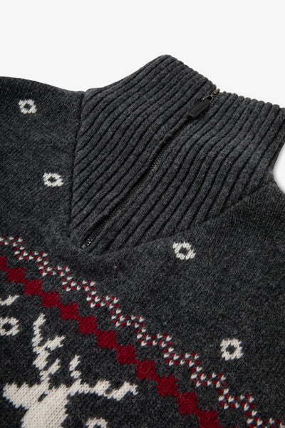 Charcoal Zip Neck Snowflake Reindeer Jumper Mens