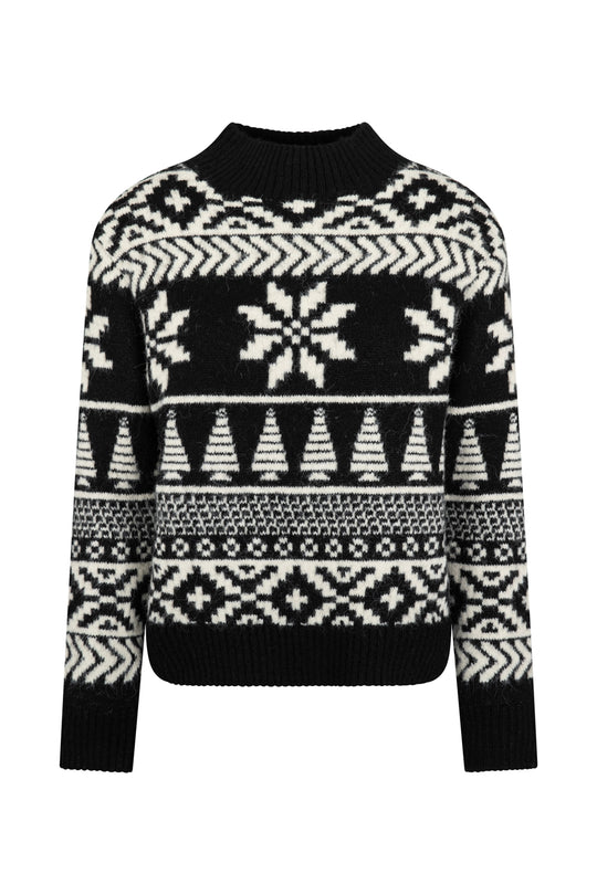 Black/ Cream Two Tone Fairisle Jumper Ladies - Funnel Neck