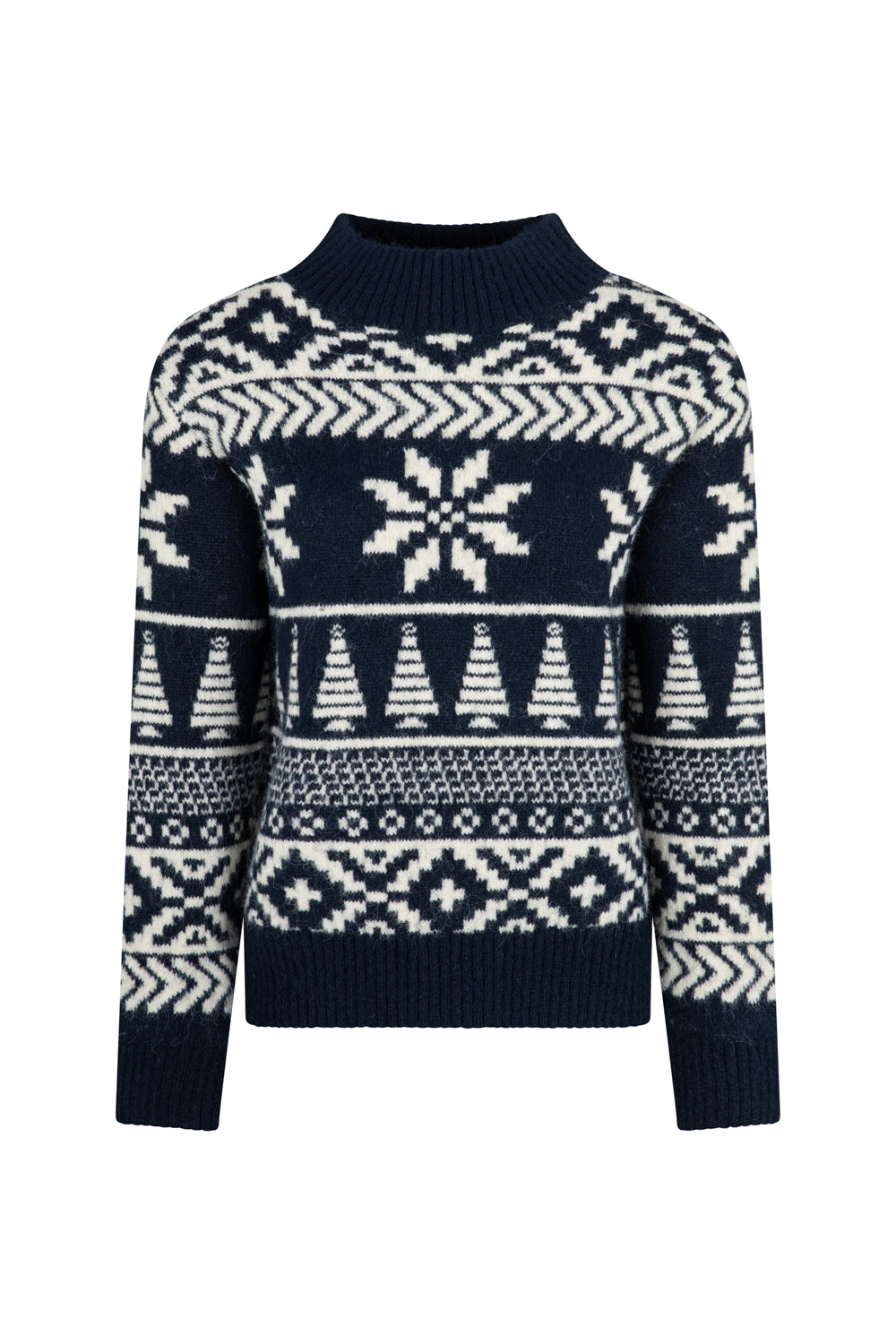 Navy Two Tone Fairisle Jumper Ladies - Funnel Neck