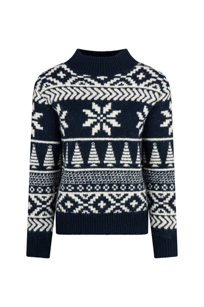 Navy Two Tone Fairisle Jumper Ladies - Funnel Neck