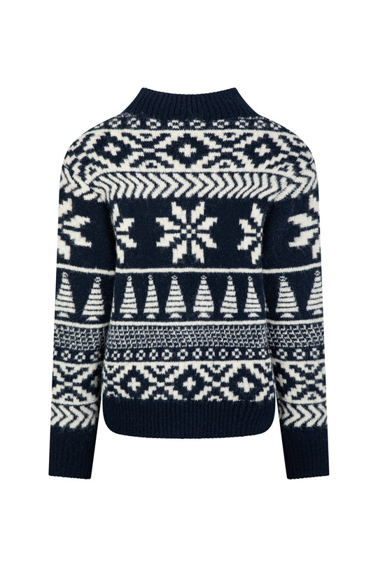 Navy Two Tone Fairisle Jumper Ladies - Funnel Neck