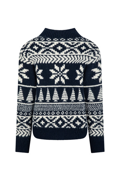 Navy Two Tone Fairisle Jumper Ladies - Funnel Neck