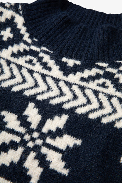Navy Two Tone Fairisle Jumper Ladies - Funnel Neck