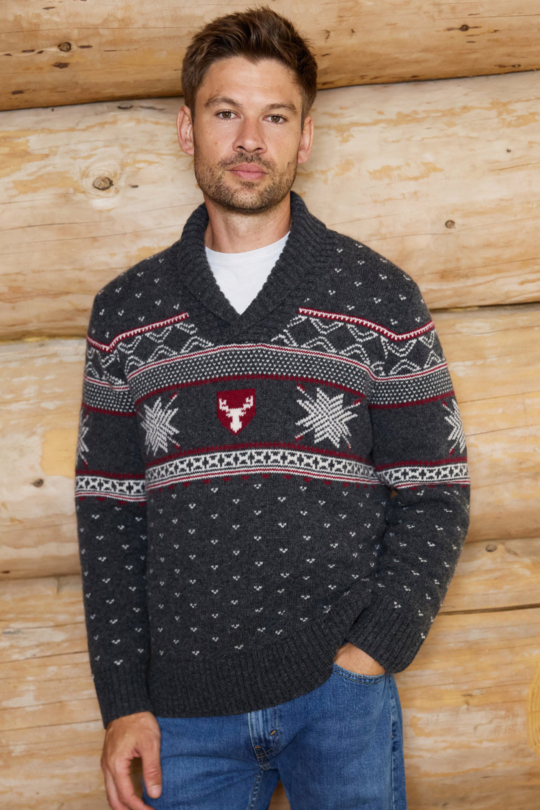 Shawl Neck Wool Blend Mens Jumper